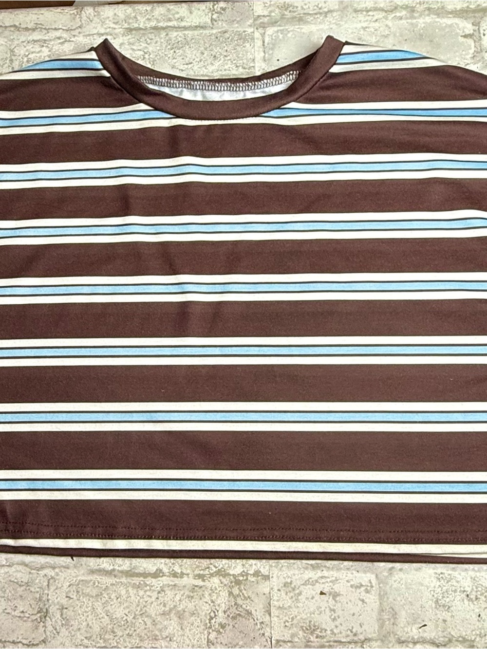 SHEIN Stripped Crop Top Brown White Blue Crew Neck EUC L 😍